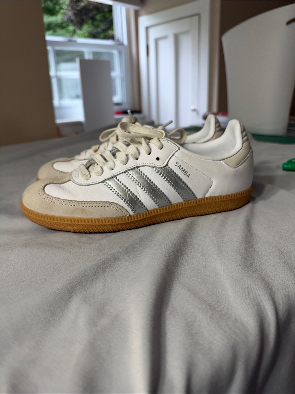 adidas Samba Sneakers in White, Silver & Gum